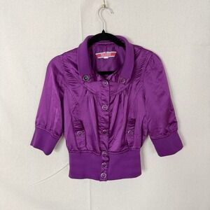 Miss London Womens Purple Satin Cropped Bomber Jacket Y2K Grommet Size M